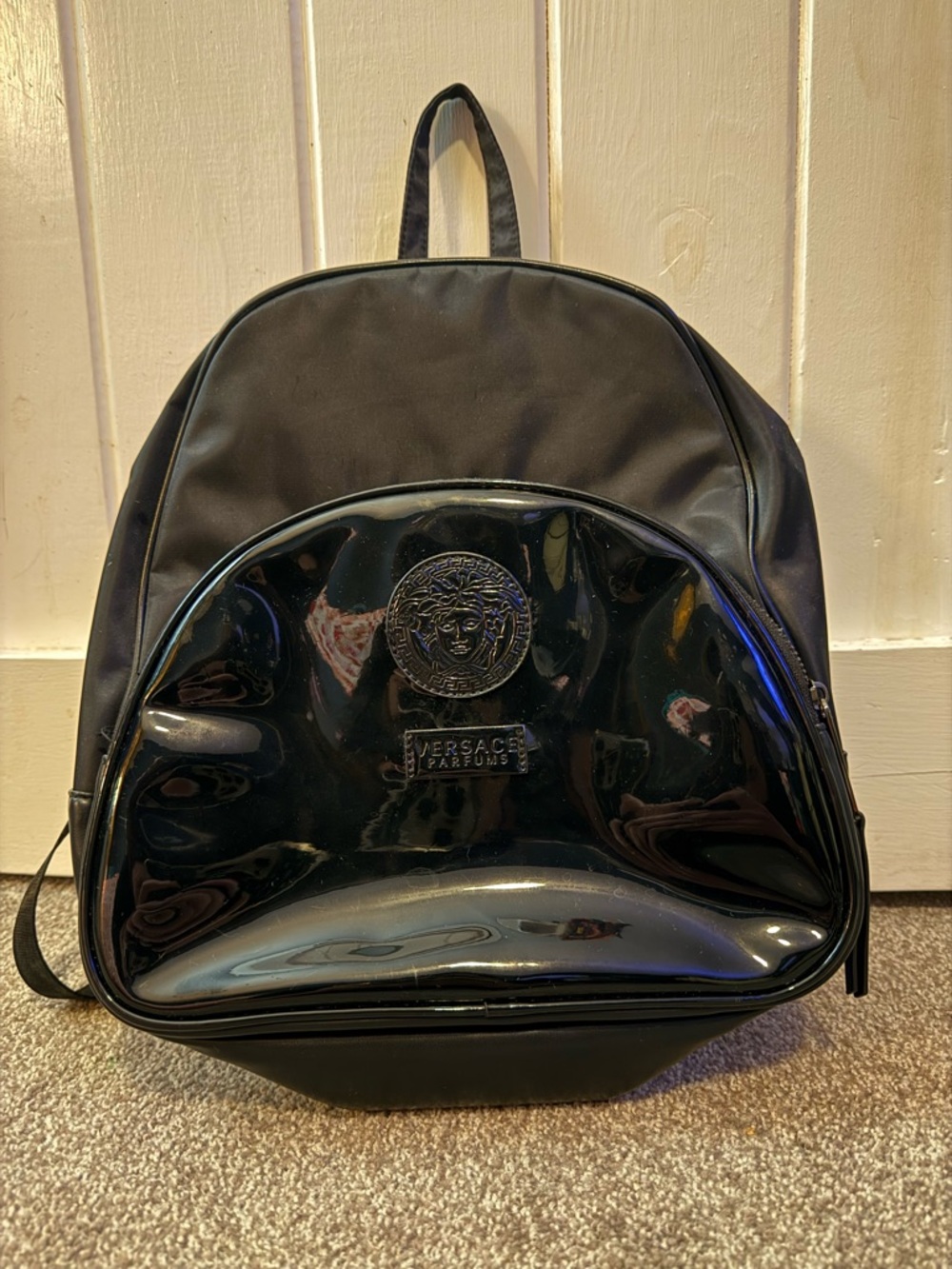 Versace Parfums Black Glossy Patent Front-Pocket Backpack with Medusa Emblem